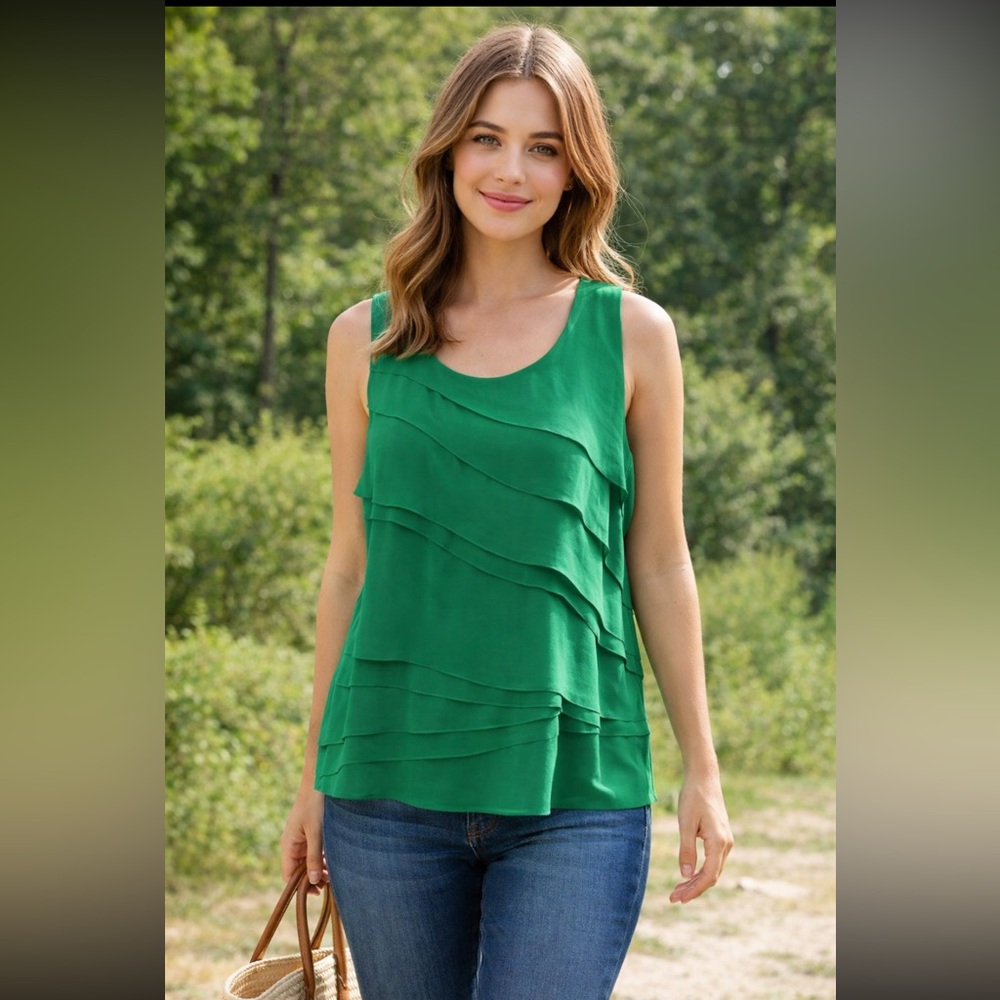 Coldwater Creek Tiered Blouse. Layered Top Women’s Sz-L (14) EUC| Green Shirt